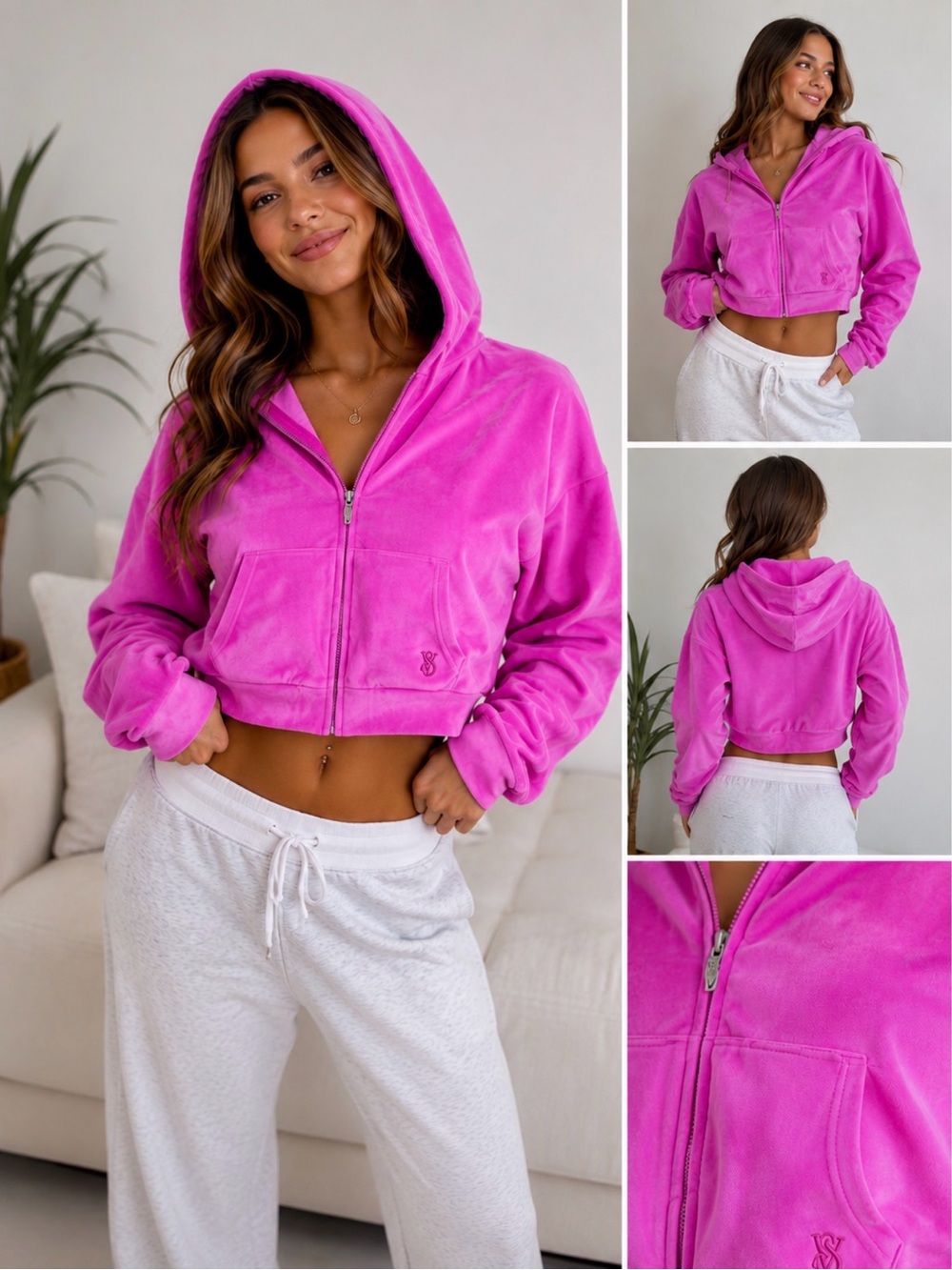 Victoria’s Secret On Point Hot Pink Velour Cropped Zip Hoodie Y2K Barbiecore